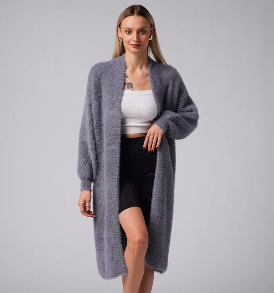 Women's Fluffy Long Knit Coat with Side Slit and Loose Fit
