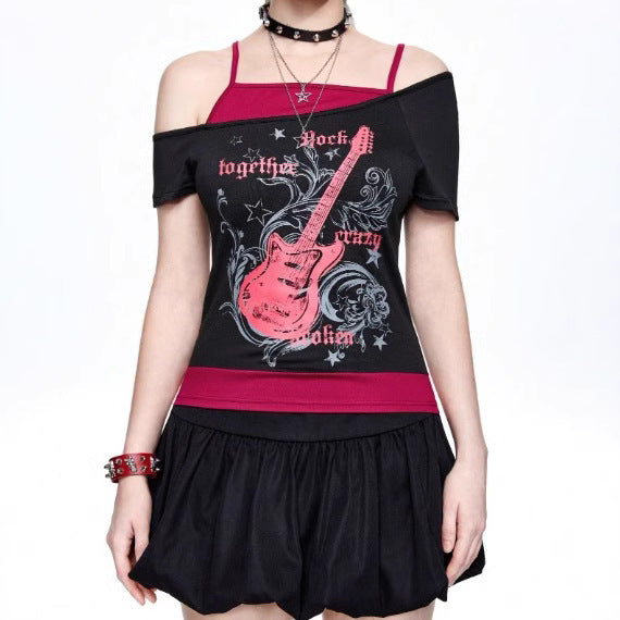 Women's Asymmetrical Rock T-Shirt with Graphic Print