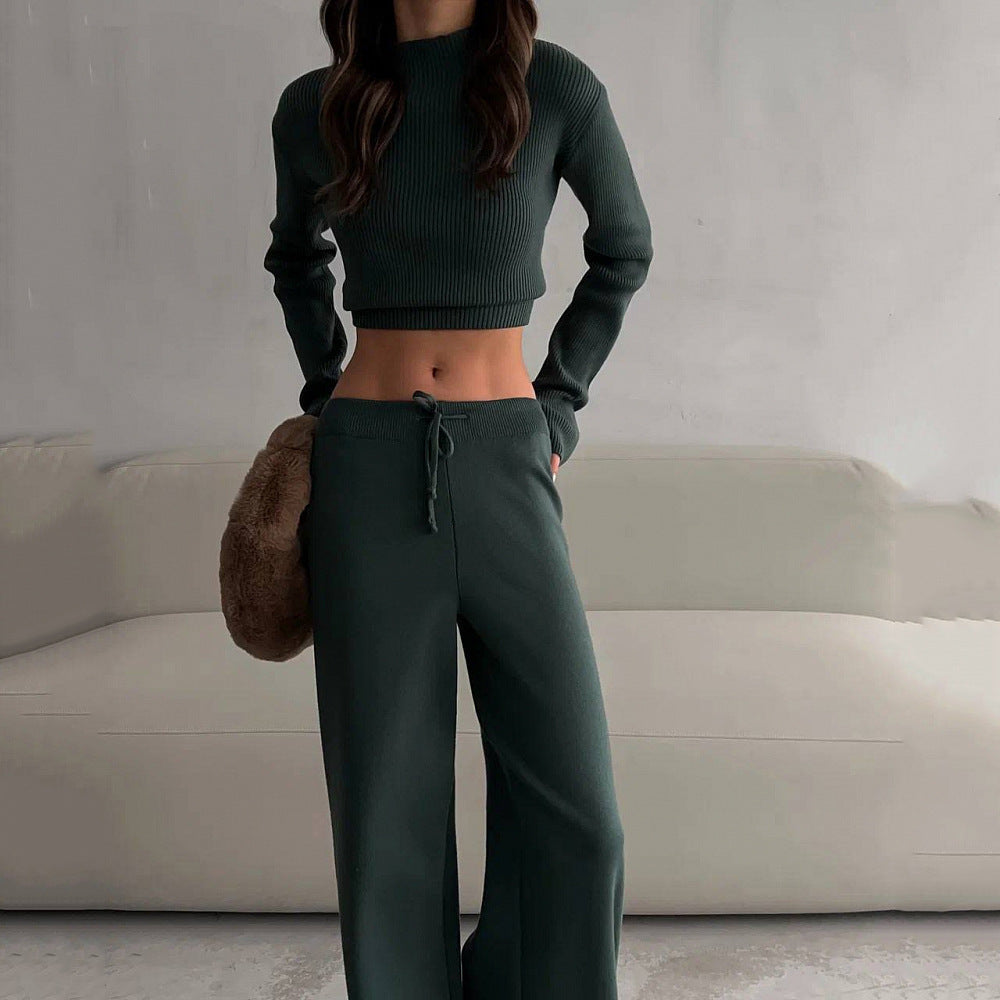 Women's Elegant and Casual Knit Ensemble with High-Cut Top and Wide Cut
