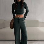 Women's Elegant and Casual Knit Ensemble with High-Cut Top and Wide Cut