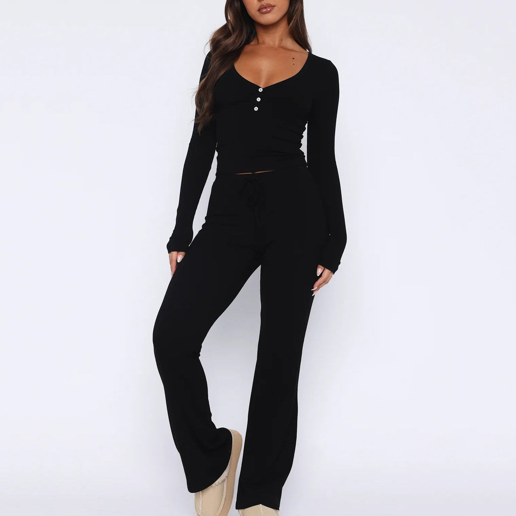 Women's Cozy Lounge Set with Long Top and Flared Pants