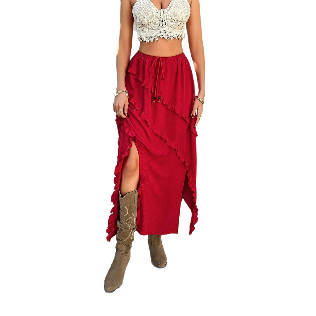 Women's Maxi Skirt with Voluminous Ruffle Design and Elastic Waistband