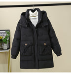 Women's Long Puffer Jacket with Practical Hooded Collar and Large Pockets