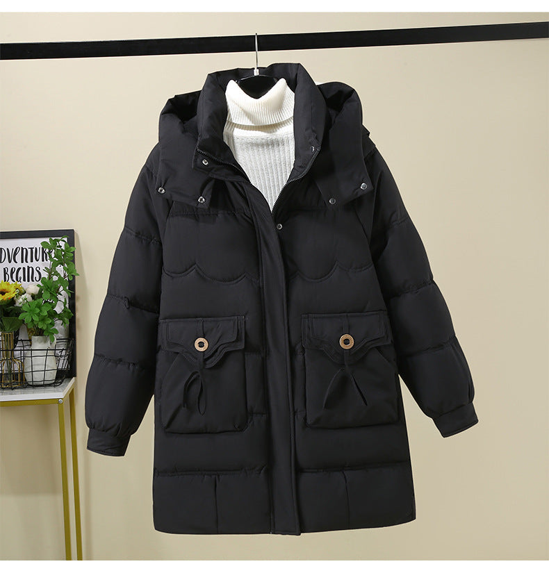 Women's Long Puffer Jacket with Practical Hooded Collar and Large Pockets