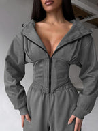 Women's Casual Utility Jumpsuit with High Collar and Zipper