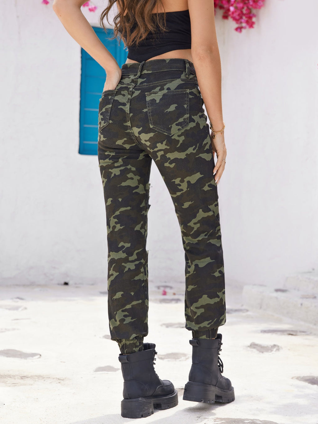 Women's Camouflage Cargo Jeans with Ripped Details