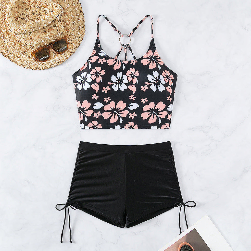Women's Swim Top with Floral Design and High-Waisted Shorts