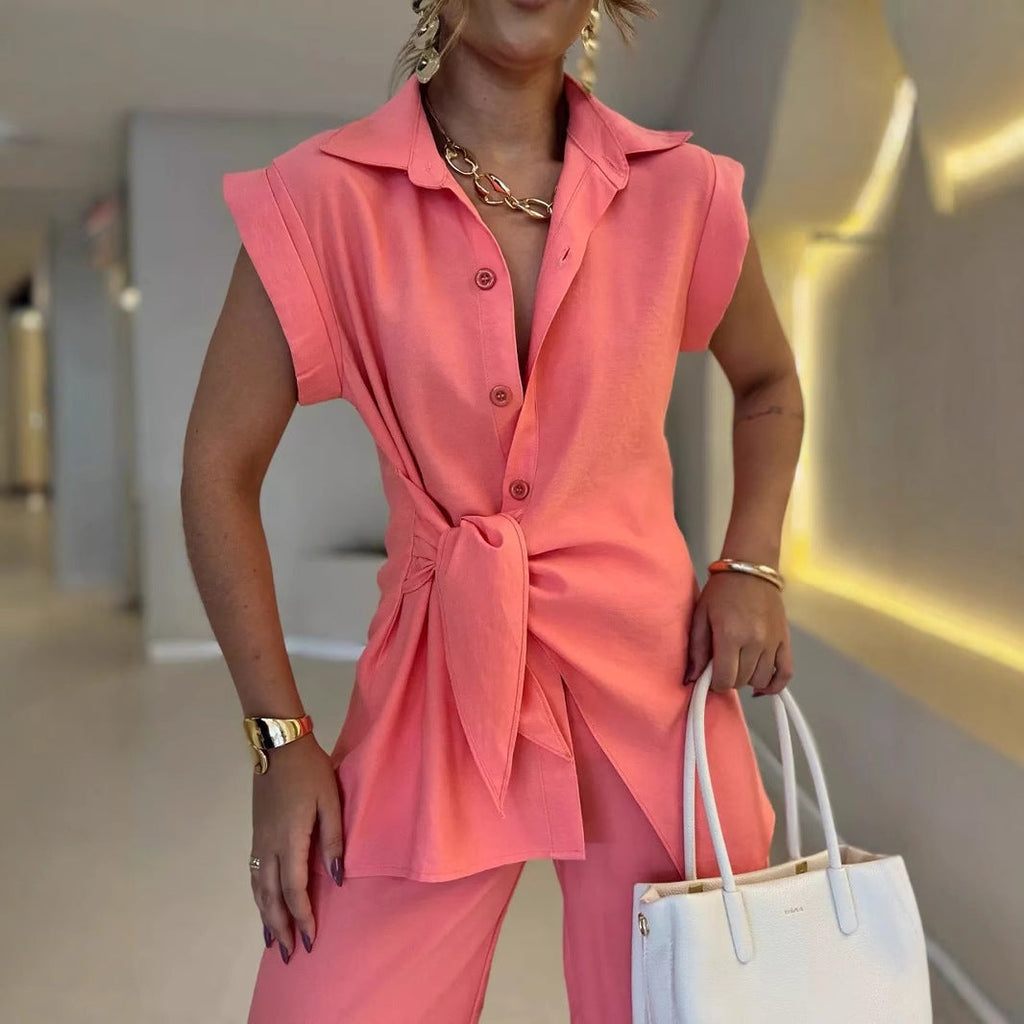 Women's Casual Oversized Shirt with Tie Belt and Wide-Leg Pants