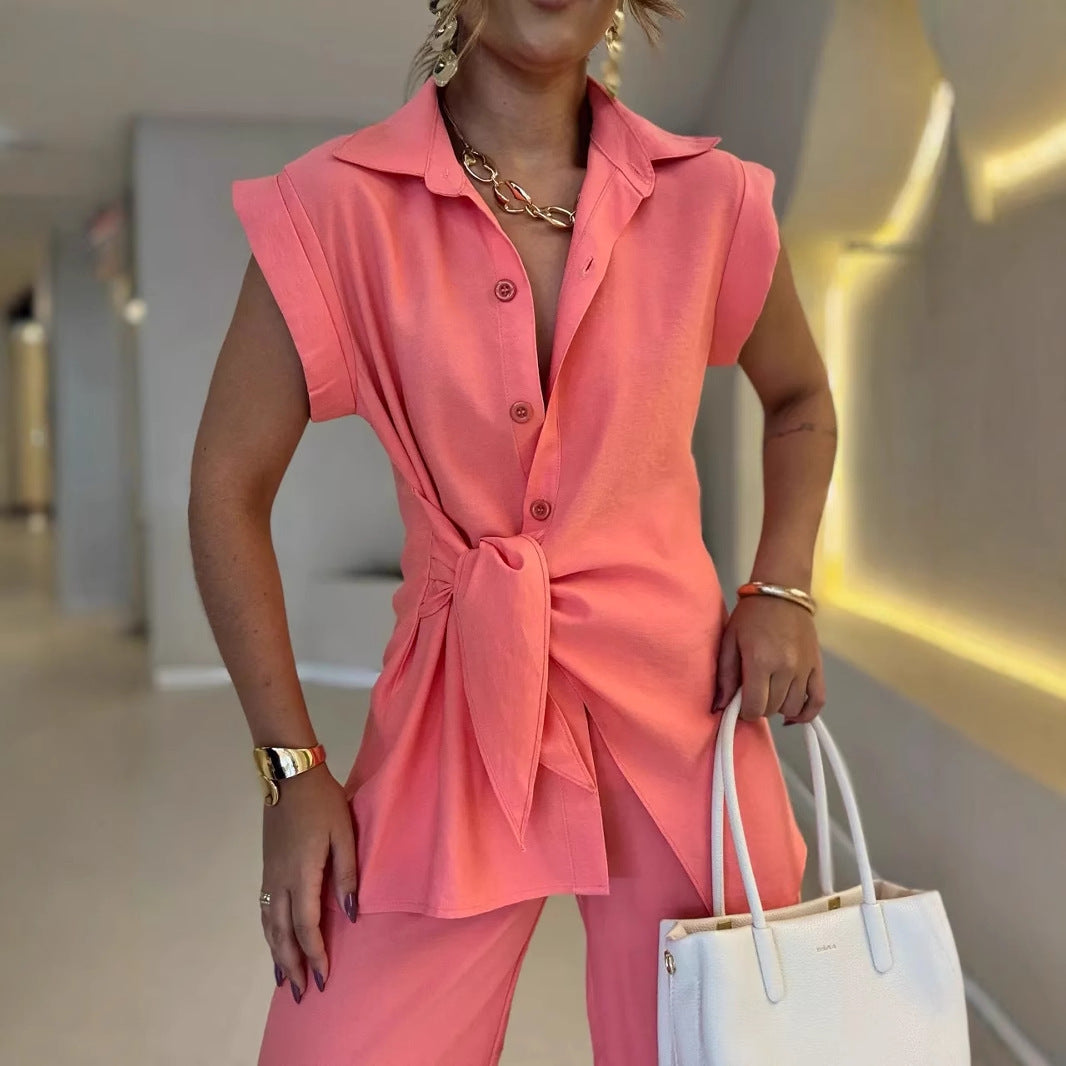 Women's Casual Oversized Shirt with Tie Belt and Wide-Leg Pants