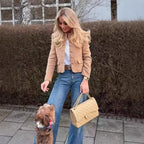 Women's Elegant Bouclé Jacket with Gold Buttons and Patch Pockets