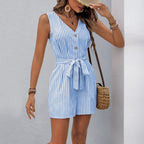 Women's Jumpsuit with V-Neck, Belt, and Button Details