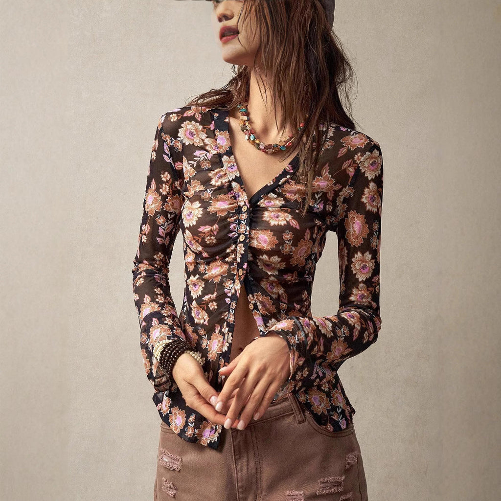 Women's Floral Print Long-Sleeve Top