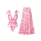 Women's Swimsuit with Floral Design and Matching Maxi Skirt