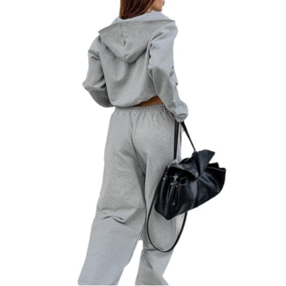 Women's Comfortable Sportswear Set with Hooded Jacket and Wide Pants