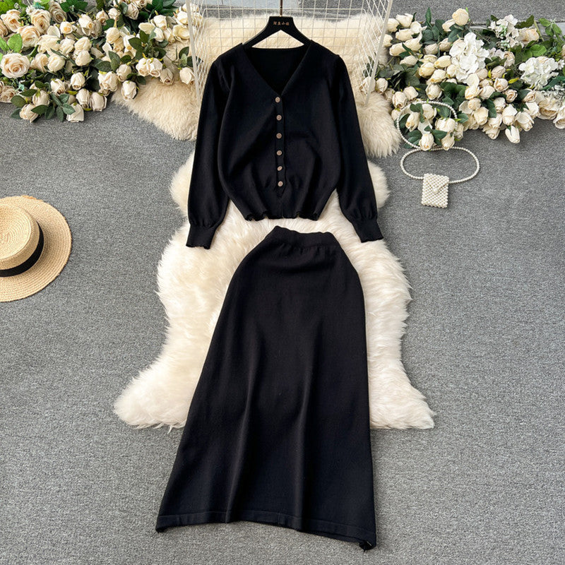 Women's Elevated Knit Set with V-Neck and Button Placket