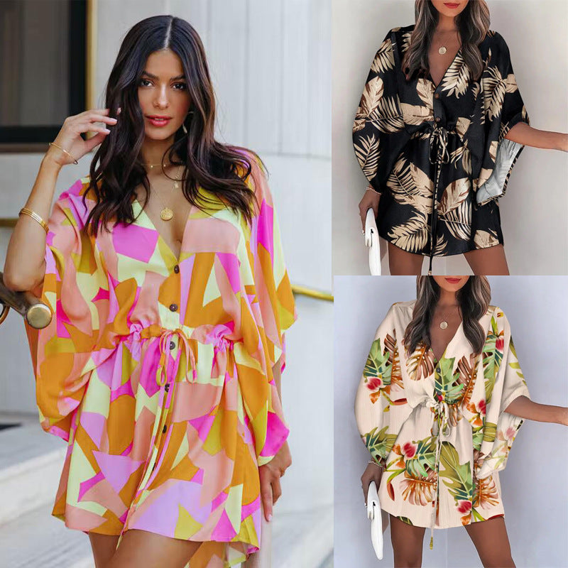 Women's Beach Dress with Elegant Waist Tie and Unique Pattern