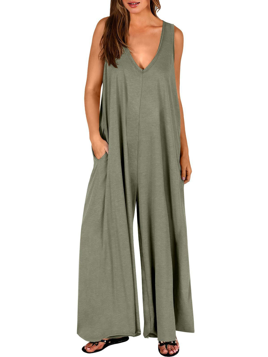 Women's Loose Jumpsuit with Deep V-Neck and Side Pockets