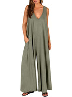 Women's Loose Jumpsuit with Deep V-Neck and Side Pockets
