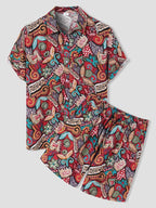 Women's Short-Sleeve Vacation Shirt with Colorful Pattern and Comfortable Shorts