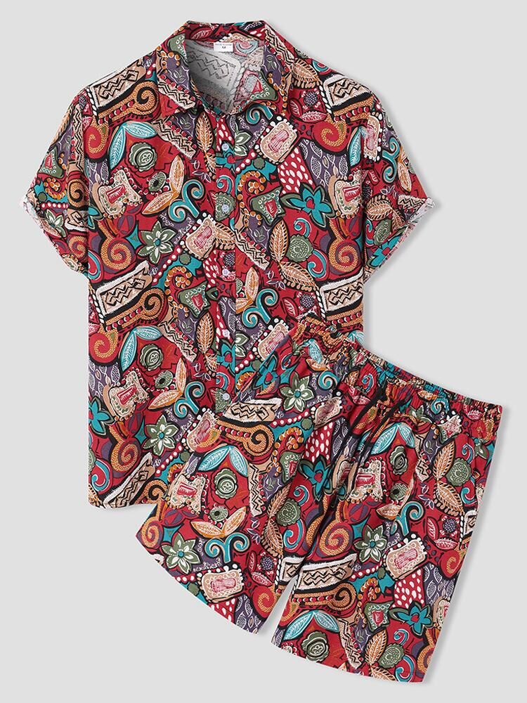 Women's Short-Sleeve Vacation Shirt with Colorful Pattern and Comfortable Shorts
