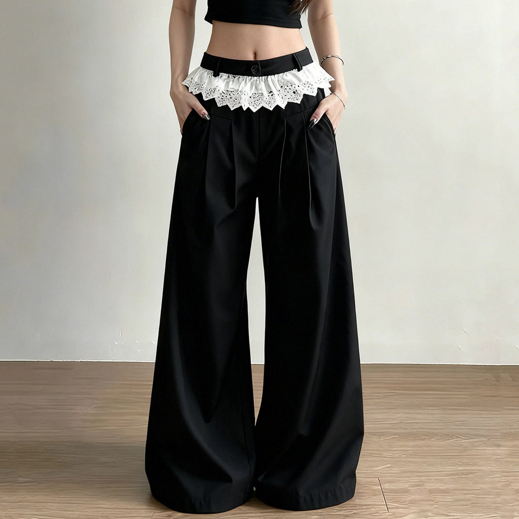 Elegant Wide-Leg High-Waist Pants with Lace Trim