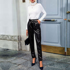 Women's Elegant Faux Leather Pants with Chic Waistband