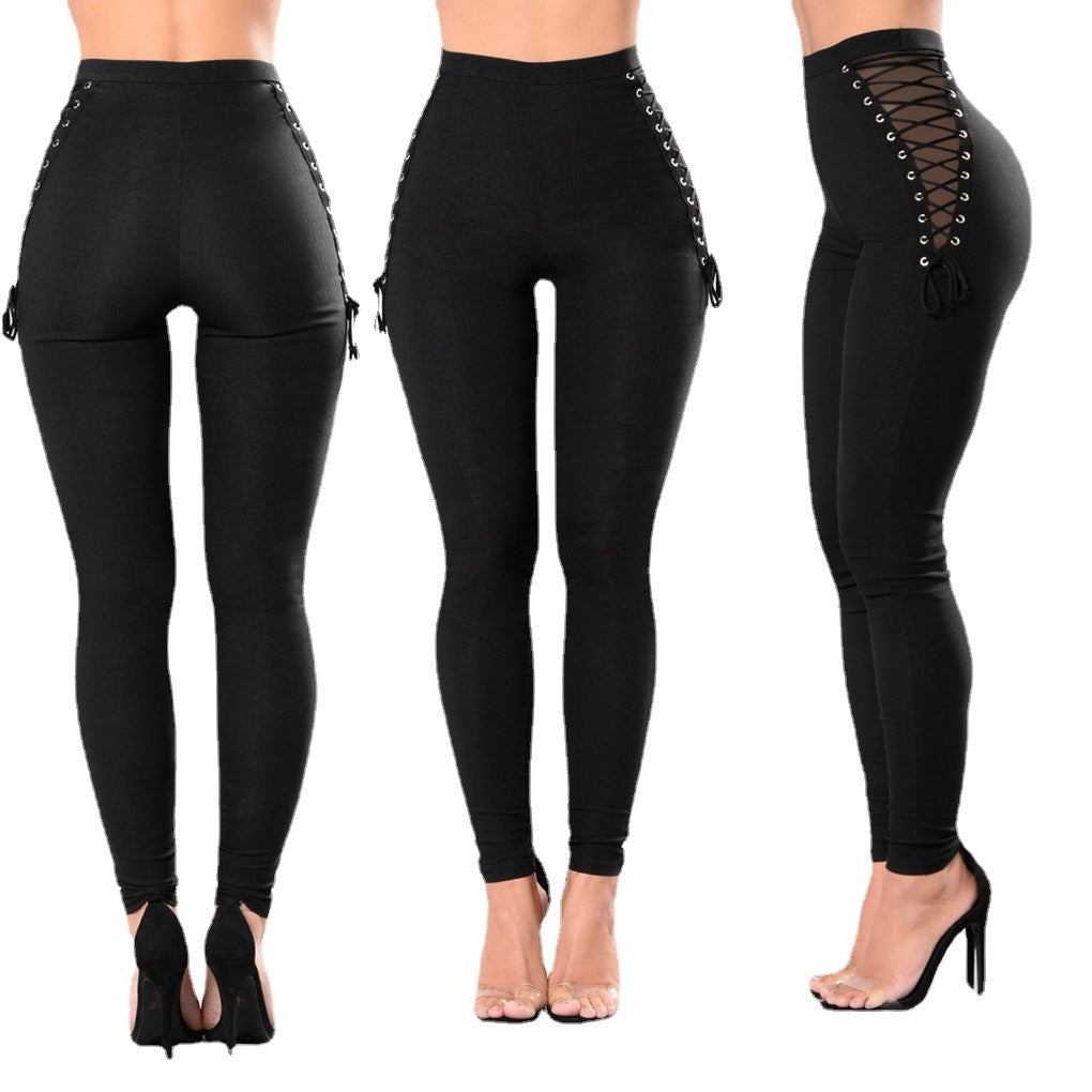 Women's High-Waisted Leggings with Decorative Lace-Up Detail