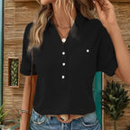 Women's Short-Sleeve Blouse with Modern V-Neck and Practical Chest Pocket