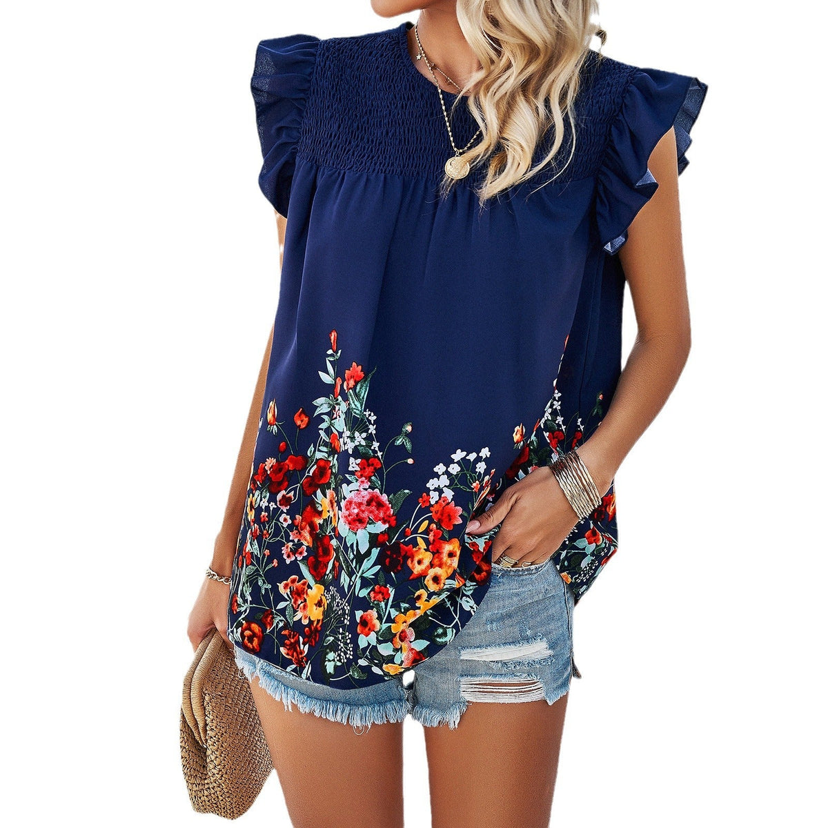 Women's Blouse with Floral Accents and Ruffle Details