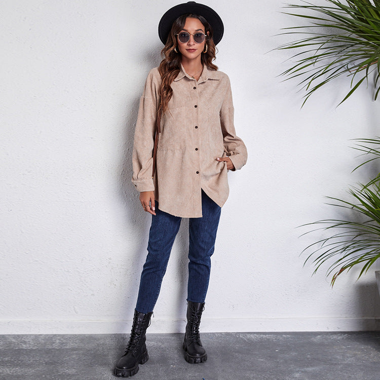 Women's Corduroy Shirt Blouse with Button Closure