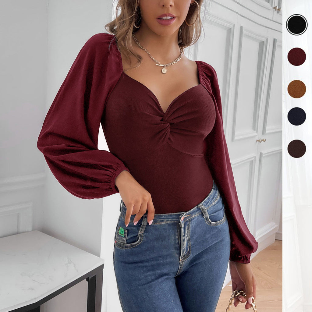 Women's Bodysuit with Knot Details and Puff Sleeves