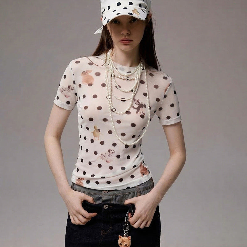 Women's Form-Fitting Polka-Dot T-Shirt with Playful Animal Design