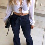 Women's Elegant Bootcut Jeans with High Waist and Belt