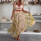 Women's Maxi Skirt with Floral Layers and Transparent Design