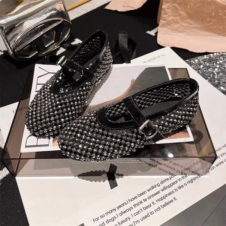 Women's Ballet Flats with Rhinestone Trim and Adjustable Strap