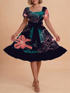Women's A-Line Dress with Floral Motifs and Adjustable Belt
