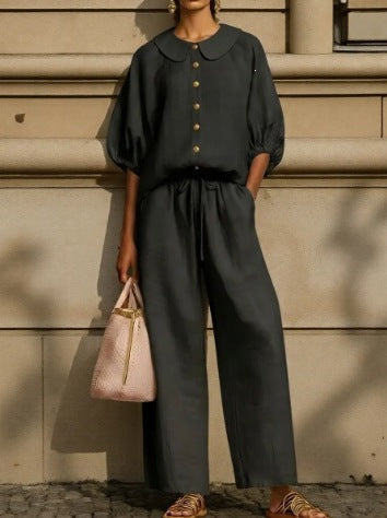 Women's Airy Two-Piece Set with Modern Collar and Button Details