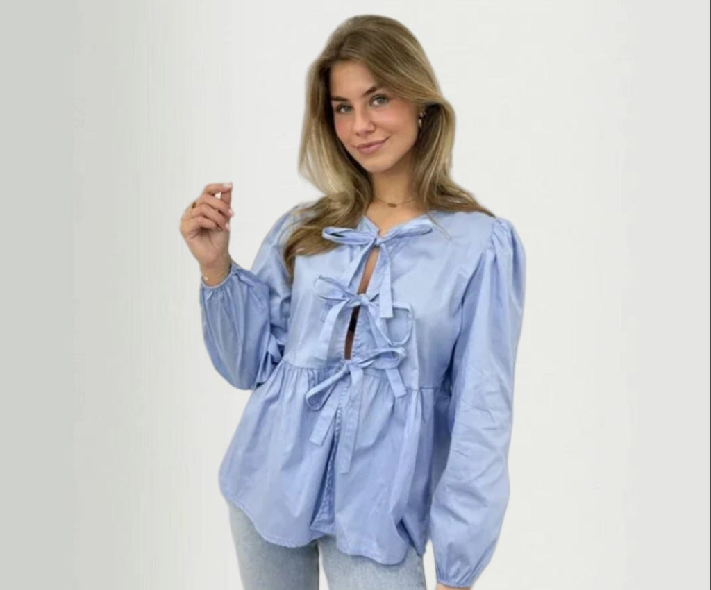 Women's Blouse with Ruffle Sleeves and Tie