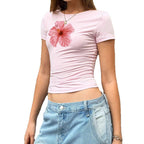 Women's Fitted Short-Sleeve Shirt with Hibiscus Print