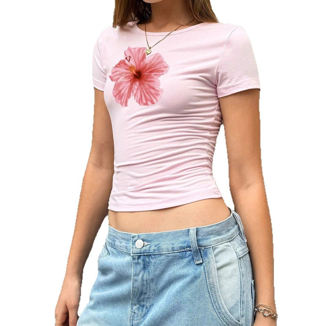 Women's Fitted Short-Sleeve Shirt with Hibiscus Print