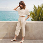 Women's Fashionable Two-Piece Set with Elastic Waist and Stylish Puff Sleeves