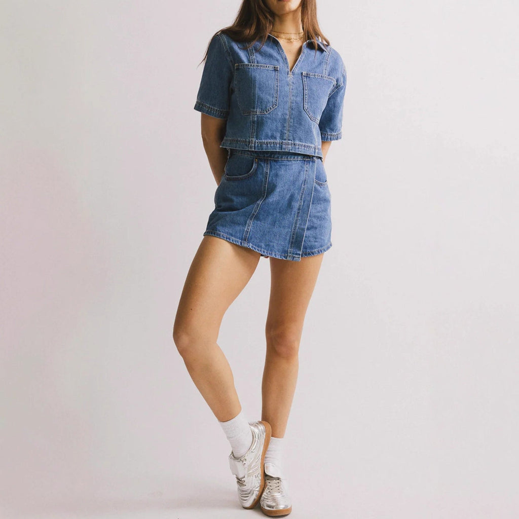 Women's Denim Crop Shirt and Skirt Set