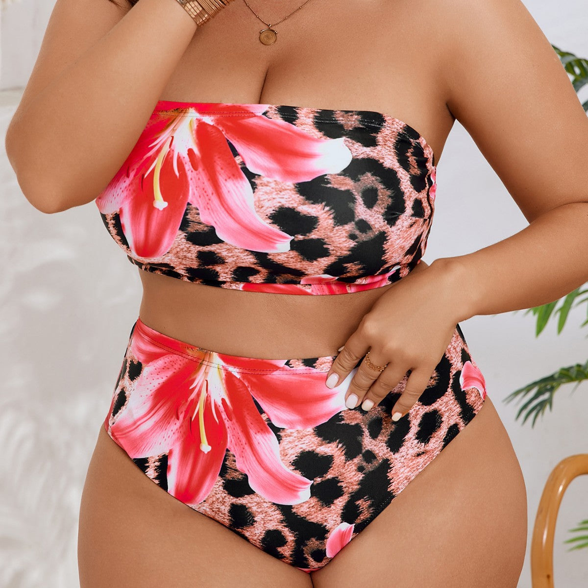 Women's Bandeau Bikini with Floral and Animal Print