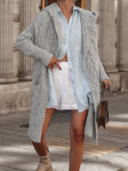 Women's Chunky Knit Cardigan with Hood and Cable Design