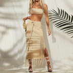 Women's Crocheted Crop Top and Maxi Skirt Set with Fringe Details
