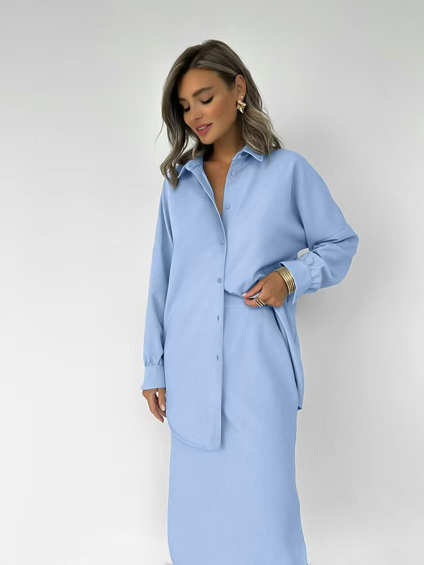 Elegant Long-Sleeve Shirt with Matching Maxi Skirt