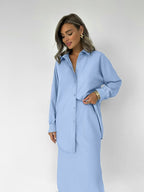 Elegant Long-Sleeve Shirt with Matching Maxi Skirt