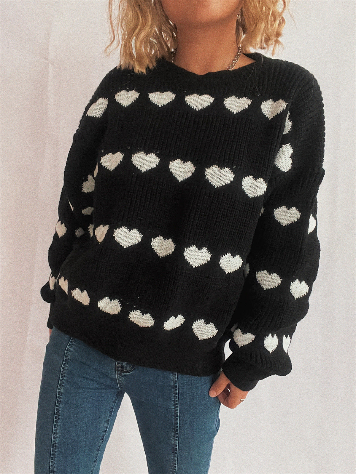 Cozy Heart Pattern Knit Sweater with Wide Sleeves
