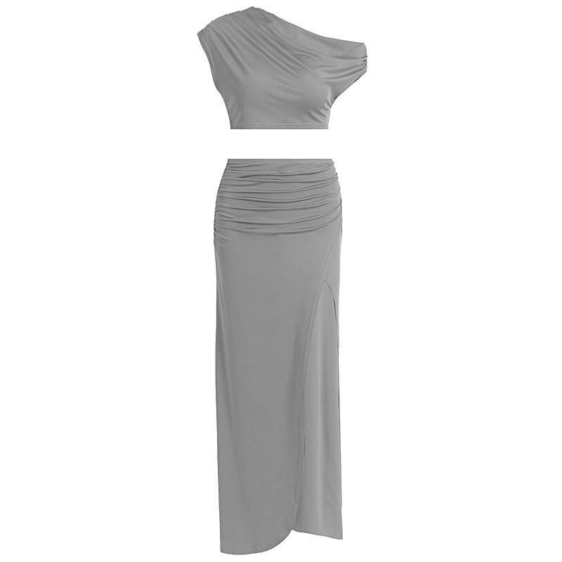 Women's Elegant Two-Piece Set with Asymmetric Top and Ruched Skirt