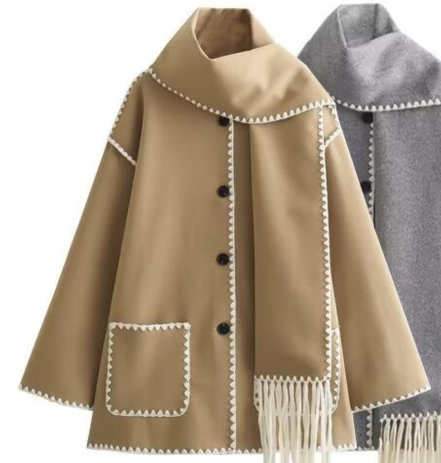 Women's Coat with Fringe Detail and Elegant Button Placket